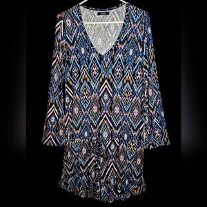 Michael Lauren Ikat Print Women's Long Bell Sleeve V-Neck Romper- Sz-M